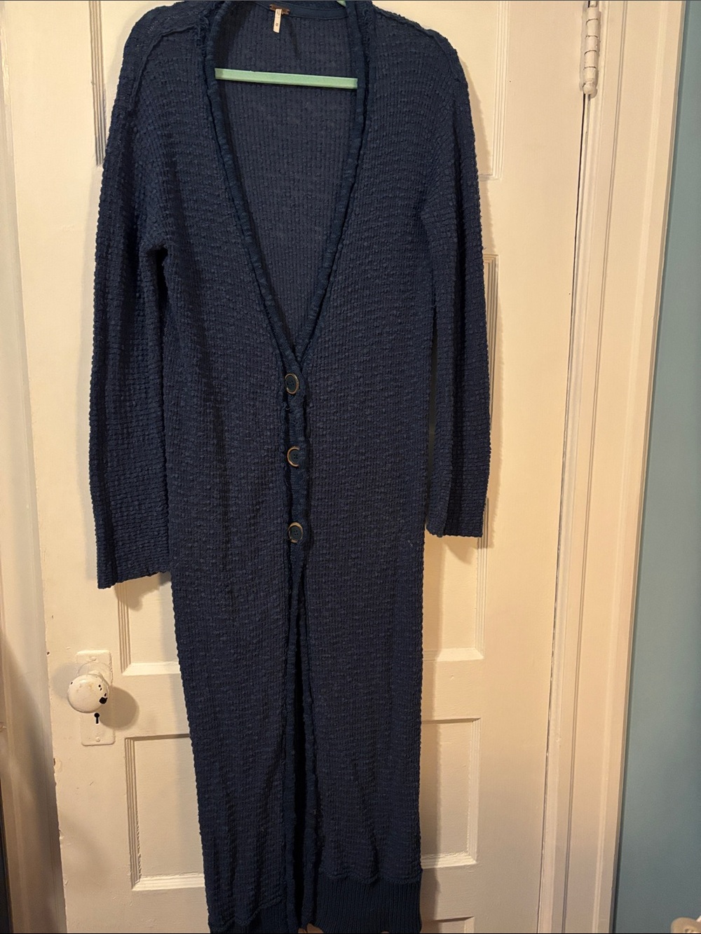 Free People Navy Long Knit Button-Front Cardigan
